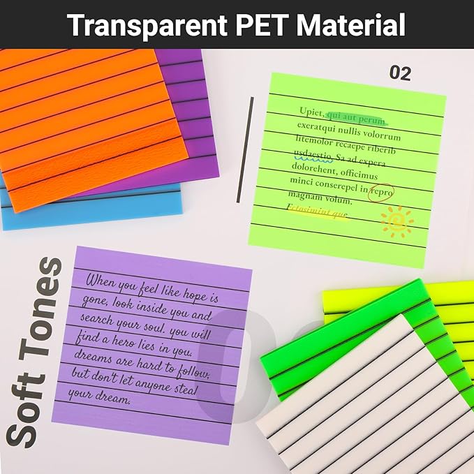 EUSOAR Translucent Sticky Notes, 300 Sheets 3x3 Inch PET Lined Sticky Notes Tabs for Folders Neon 6 Colors, Translucent Bible Page Flags Stickers Note Pads for Book Annotation Making to-do Lists
