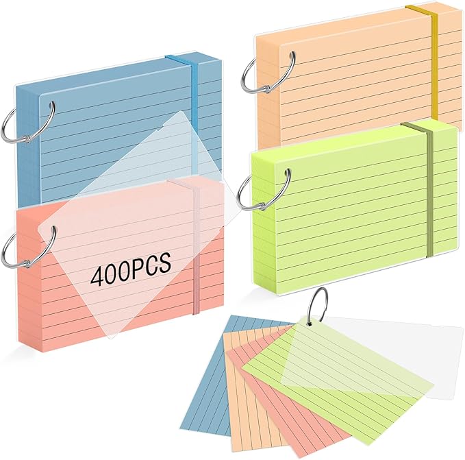 HAUTOCO 400 PCS Colored Index Cards 3x5 with Rings, Ruled Flashcards with Waterproof Covers, 4 Colors Note Cards for Studying, Vocabulary, Recipes, Office & School