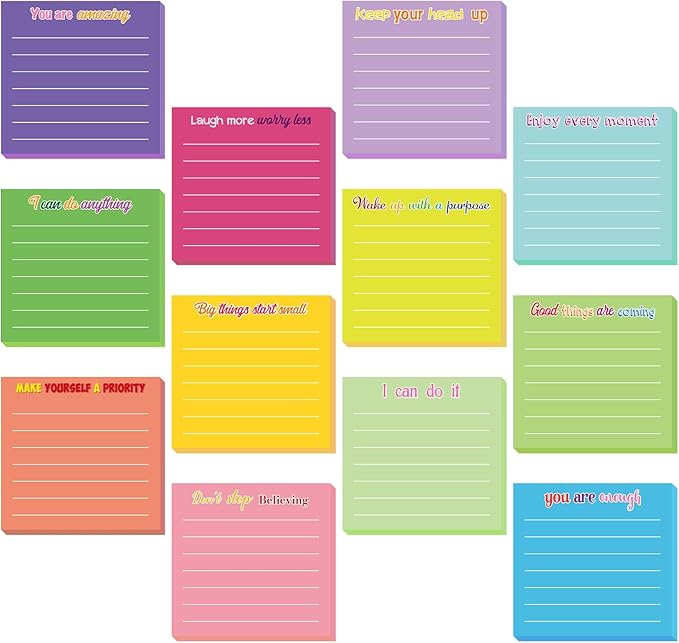 Yinder 12 Pcs Inspirational Sticky Notes Cute Motivational Sticky Notes Pad End of Year Employee Appreciation Gifts Bulk for Teacher Nurse Coworkers Office Supplies 3 x 3'' (Inspirational,Dark Color)