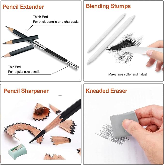 Drawing Pencils,24pcs Art kit with Graphite Pencils Sketching Pencil Set Include 12B 10B 8B 7B 6B 5B 4B 3B 2B B HB 2H 4H 6H, Charcoal Pencils.Pencil Case for Beginner Artists Adults and Children