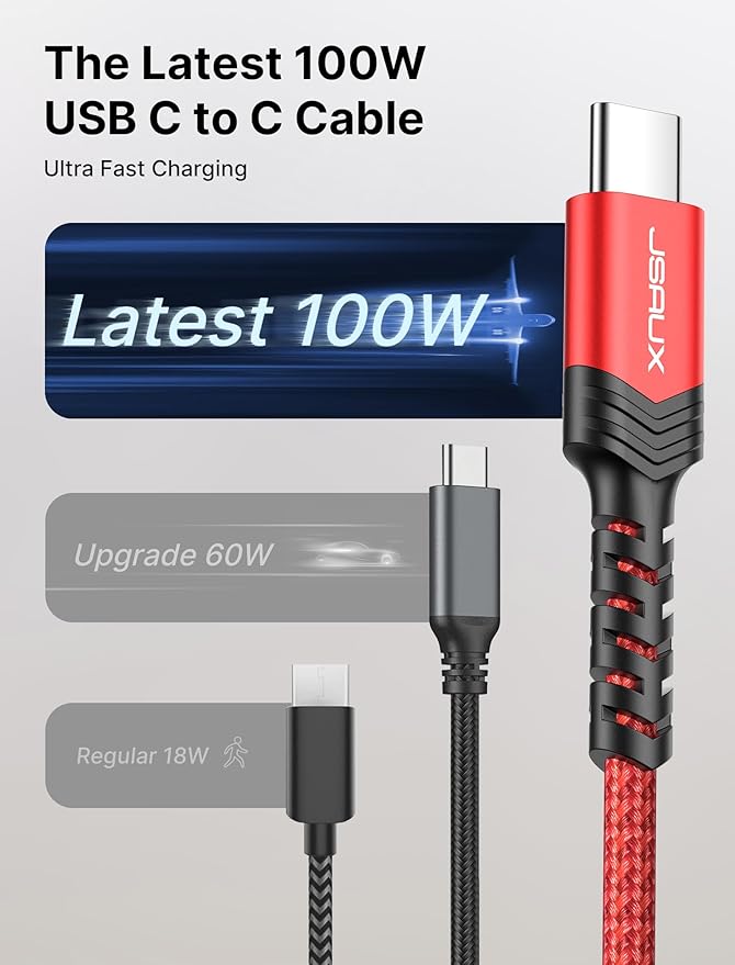 JSAUX 3-Pack USB C to USB C Cable 100W [10ft/6.6ft/3.3ft] Compatible with iPhone 17 Air 16 15 Pro Max Samsung Galaxy S25 S24 CarPlay iPad Pro, Type C to C Charger Cable Fast Charging - Red