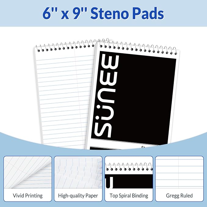 SUNEE 5 Pack Steno Pads 6x9, Gregg Rule, 60 Sheets, Spiral Notebook 6x9, White Paper, Take Notes with Top Spiral Notebook, for School, University, College, Work, Office, Black