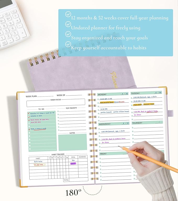 Undated Weekly Planner, Hardcover Leather Weekly & Monthly Calendar Blank Planner, To Do List Notebook with Goal & Habit Tracker Organizer, A5 Daily Planner with Spiral Binding, Ideal for Work School Home, Purple