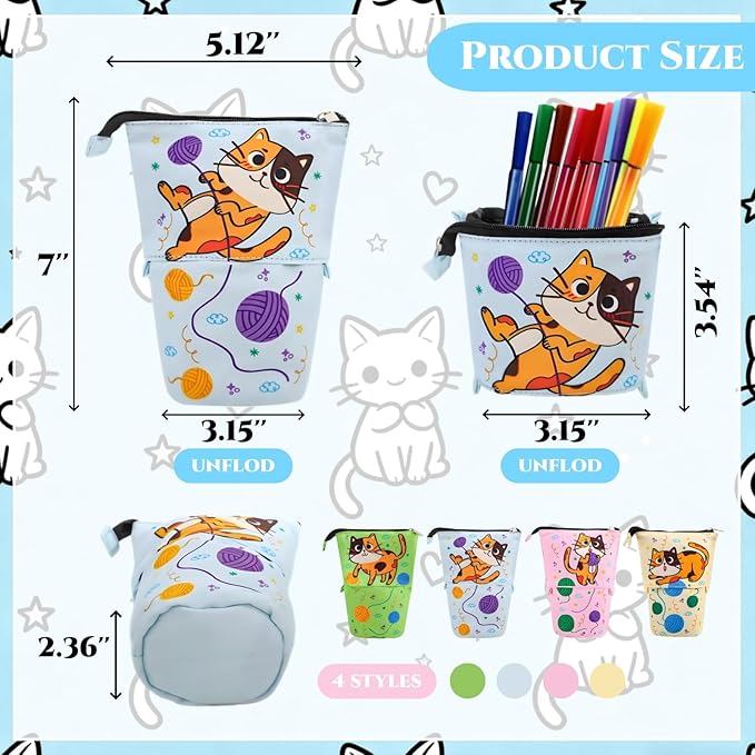 4 Pack Standing Pencil Case, Cute Cat Telescopic Pencil Storage Pouch Stationery Case, Portable Stand Up Makeup Bag Pencil Canvas Holder for Office Supplies, Cosmetics, Christmas Gift