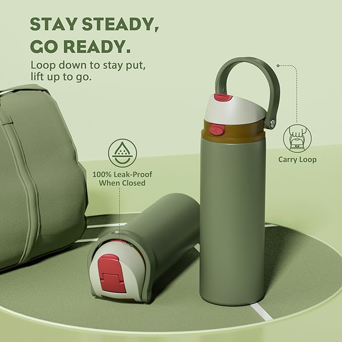 POWCAN 24 oz Insulated Water Bottle for Men: 2-in-1 Push-Button Spout & Quick-Flip Straw, Leakproof, Cold 24Hrs, Fits Car Cup Holder, Stainless Sports Bottle for Travel, Camping, Gift (Hunter Crest)