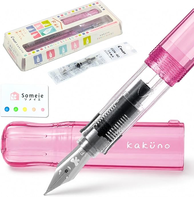 Fountain Pen Set CON-40 Converter & Kakuno Fine Nib with Black Ink Cartridge & Sticky Notes – Refillable Ink System, For Beginners, Calligraphy (Pink FKA-1SR-KGP-F)