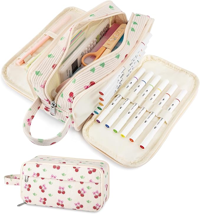 Cute Corduroy Pencil Case with Handle, Extra Large 4 Compartment Multiple Pockets Aesthetic Pencil Pouch Organizer for Teen Girls, School & College Supplies (Cherry)