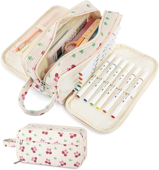 Cute Corduroy Pencil Case with Handle, Extra Large 4 Compartment Multiple Pockets Aesthetic Pencil Pouch Organizer for Teen Girls, School & College Supplies (Cherry)