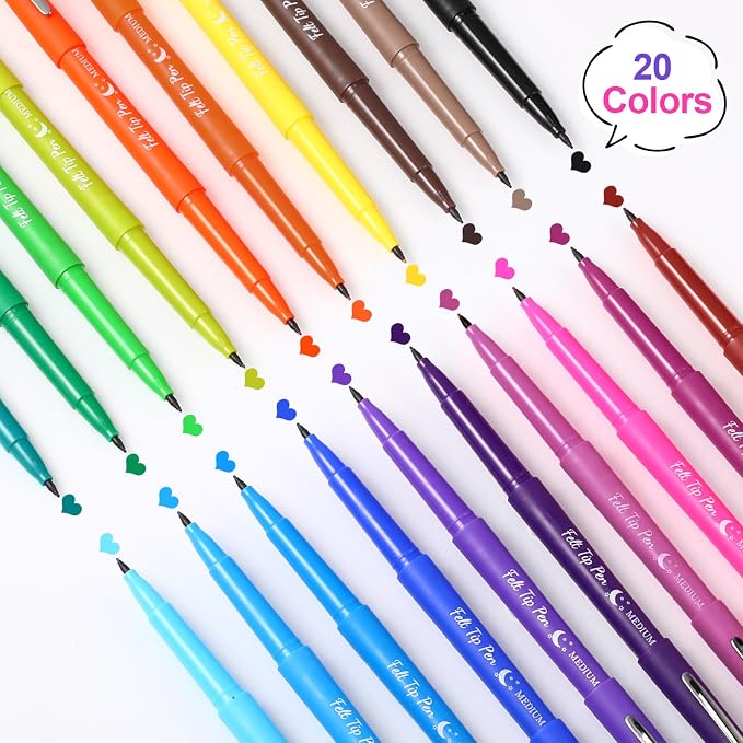 Fuyoooo 20 Pcs Felt Tip Pens 0.7mm Colored Felt Pens Marker Medium Point Journal Planner for Journaling Writing Note Taking Art Office Supplies