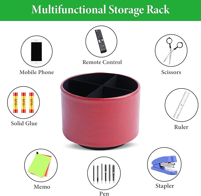 Round Leather Art Supply Organizer,Remote Control Holder,360 Degree Spinning,Multi-Functional Pencil Holder,4 Compartments Desktop Stationary Organizer(1-Oil Red)