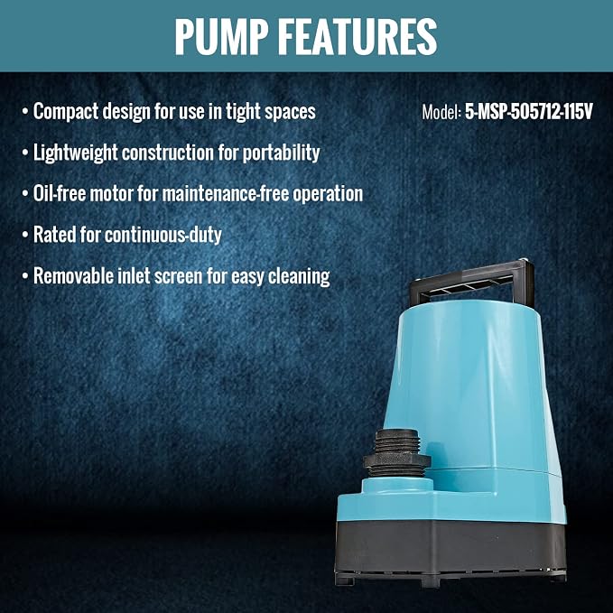 Little Giant 5-MSP 115V, 1/6 HP, 1500 GPH Manual Utility Pump, 25' Cord | Manual Submersible Utility Pump, 1500 GPH, Aluminum Housing, No Float Switch, 25-Foot Cord, 115V, Model 5-MSP