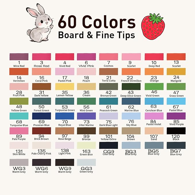 WELLOKB Alcohol Markers Set, 60 colors Alcohol Based Dual Tip, Broad and Brush Tip for Adult Coloring Books, Drawing, Sketching (60)