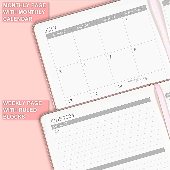2026-2027 Planner - Academic Planner 2026-2027, 26-27 Planner Weekly and Monthly, 5.75" x 8.25", Jul. 2026 - Jun. 2027, Saffiano Leather with Thick Paper, Hardcover, Pen Holder, Back Pocket with Notes Pages - Rose Gold