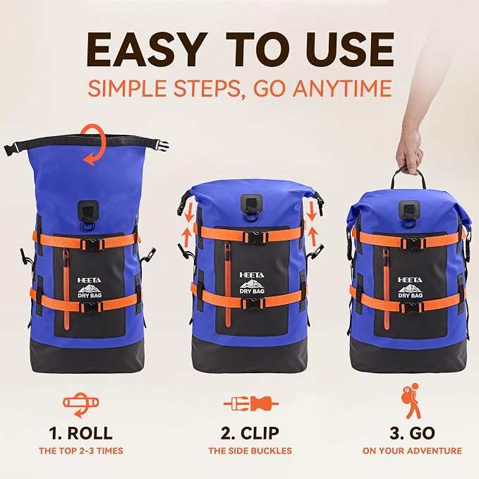 HEETA Dry Bags Waterproof Backpack 40L for Men & Women, Roll Top Heavy Duty | Cushioned Hiking Backpack, for Kayaking Boating Paddle Boarding Fishing Travel Camping Beach Vacation Cruise Ship Essentials