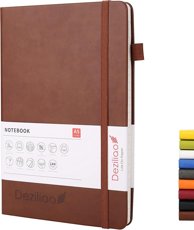 Lined Journal Notebooks with Pen Loop, Hardcover Notebook Journal for Work, 100Gsm Premium Thick Paper with Inner Pocket, Medium 5.7"x8.4", （Brown, Ruled）