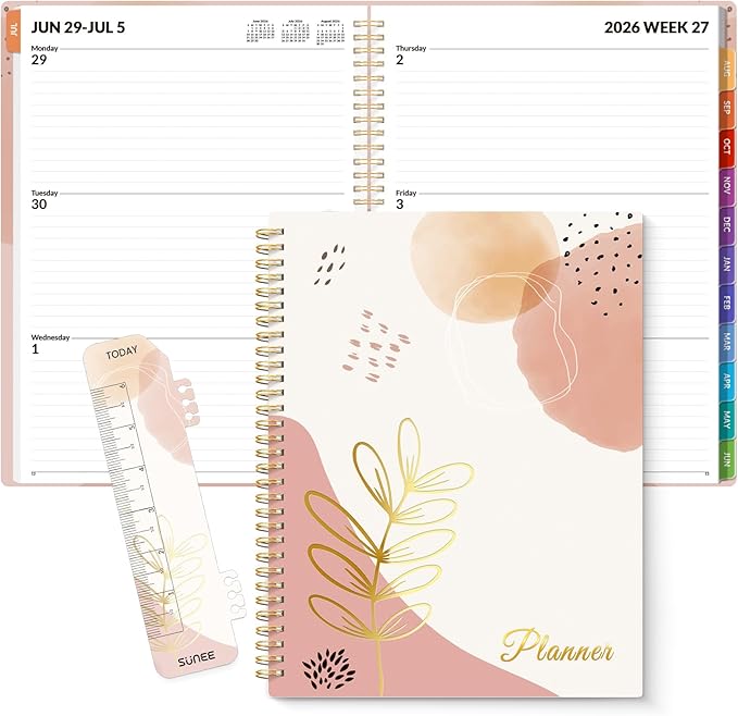 SUNEE Academic Planner 2026-2027 – Weekly & Monthly Planner, July 2026 to June 2027, 8.5"x11", Thick Paper, Tabs, Pockets, Bookmark, Spiral-Bound, Student Teacher Organizer, Blushing Abstract Breeze