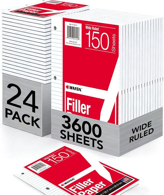 Kaisa Notebook Paper USA-Made Loose Leaf Paper, 24 Pack 3600 Sheets 8"x10.5" Wide Ruled - 3-Hole Punched Bulk Filler Paper for 3-Ring Binder, 150 Sheets/Pack, Wholesale Available(24Pack-Wide)