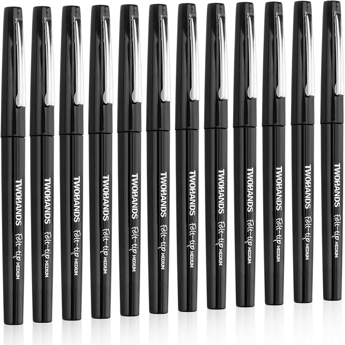 TWOHANDS Felt Tip Pens Fine Point Marker Pens, Black, 0.7mm, 12 count