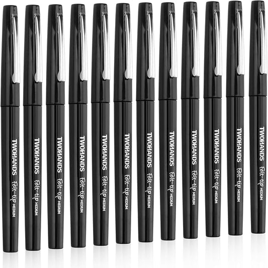 TWOHANDS Felt Tip Pens Fine Point Marker Pens, Black, 0.7mm, 12 count