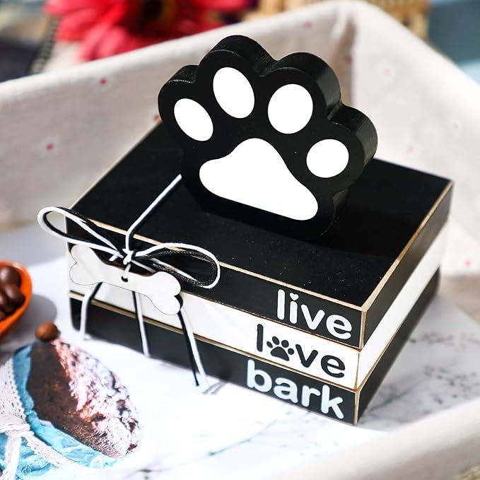 Pinkunn 4 Pcs Dog Paw Tiered Tray Decor Paw Wooden Book Block for Table Shelf Puppy Home Living Room Bedroom Memorial Housewarming Decorations