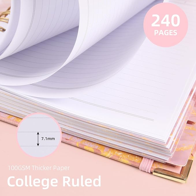 Spiral Notebooks for Work, 240 Pages Lined Spiral Journal Notebook, 5 Subject A5 College Ruled Journals for Writing, 8.6”x6.2''Journaling Notebooks for School Office Supplies(Purple&Pink)