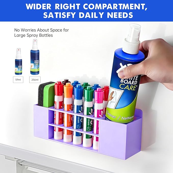 Magnetic Dry Erase Marker Holder for Whiteboard, Wall Mount Pen Holder for Refrigerator, Clear Pencil Holder for Fridge, Strong Magnet Locker Organizer for Classroom(Purple)