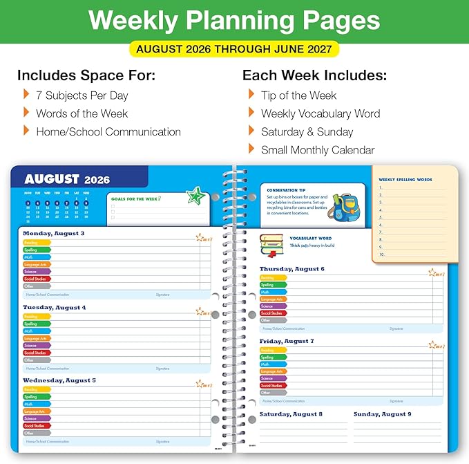 Global Datebooks 2026-2027 Elementary Student Planner 8.5" x 11" - Dated Weekly & Monthly Academic Planner with Ruler/Bookmark & Stickers, Ideal for Homework, Block Style, Paint Splatter