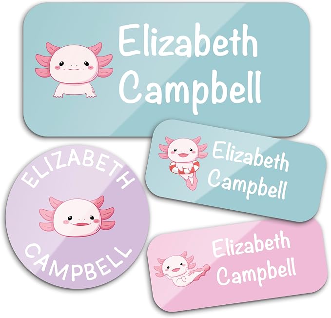 Personalized Waterproof Name Labels for Kids | Optional Packs 50, 150, 230 Labels | Custom Name Stickers for Kids' Clothing Tag, Water Bottle, Lunch Box, Customize Kid Name Label for Daycare Axolotl