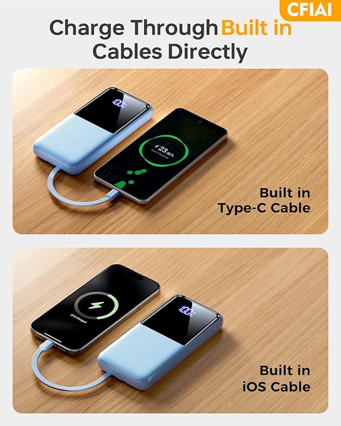 CFIAI Portable Charger Power Bank - 20000mAh Battery Pack Portable Phone Charger with Built in Cable 22.5W Fast Charging Powerbank Compatible with iPhone Android Samsung Phone, Ocean