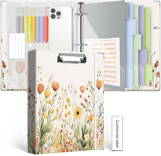 3 Ring 1 Inch Binder Organizer, BVSSX Three Ring Binders with Clipboard, 5-Tabs Pockets Dividers, Plastic Folder, 18 Divider Stikers,Pen Loop (Weeds, Letter Size)