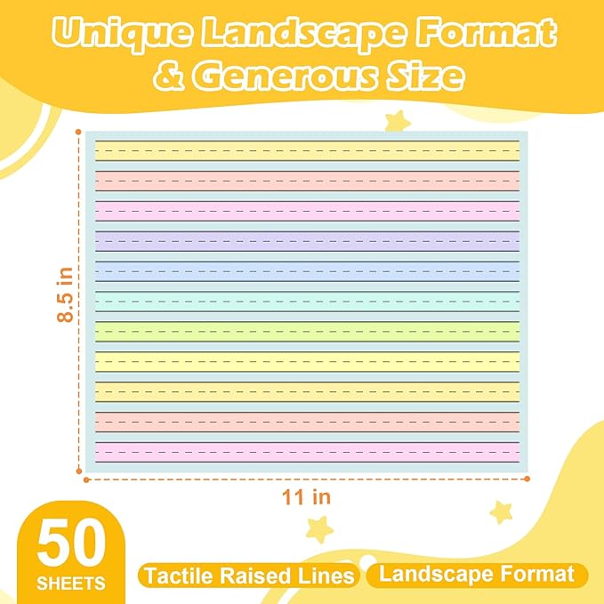 50 Sheets Horizontal Handwriting Paper Raised Line Paper Wide Ruled 0.5 Inch Kindergarten Writing Paper with Lines 8.5"x 11" Colored ADHD Writing Practice for Kids Learning Multi Sensory Dysgraphia