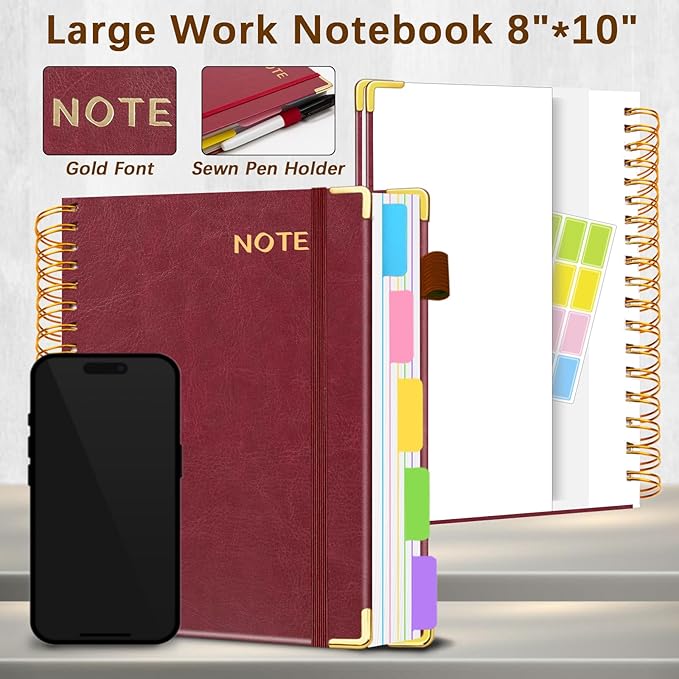 Hardcover Spiral Notebooks for Work 8''x 10'', 300 Pages 5 Subject Notebook with Dividers & Tabs, B5 Spiral Journal for Women, College Ruled Notebooks for School Note-Taking (Wine Red)