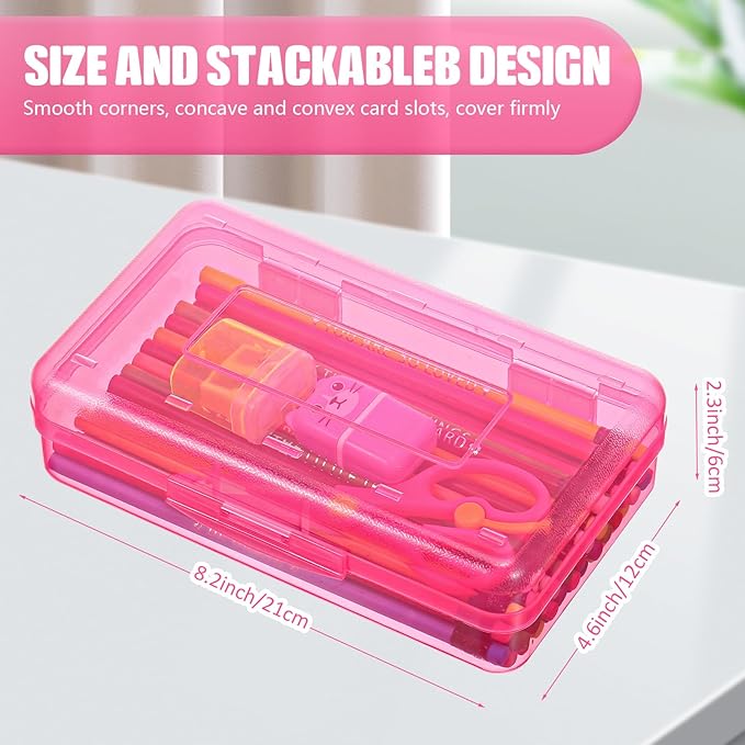Leelosp 12 Pack Clear Pencil Boxes for School Bulk, Large Plastic Pencil Case with Lid, Stackable Hard Crayon Storage Box for Classroom Kids, Desk Drawer Organizer for Office Home(Pink)