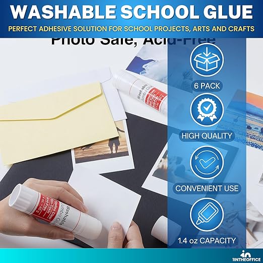 1InTheOffice Jumbo Glue Sticks, Kids Glue Sticks, School Glue Sticks, 1.4oz, Washable, 6 Pack