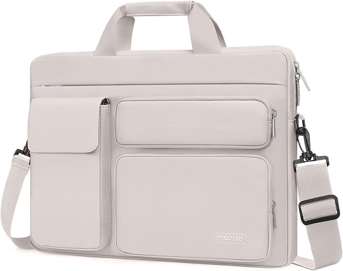 MOSISO Laptop Shoulder Bag 15.6 inch, 15-15.6 inch Computer Bag Compatible with MacBook Pro 16 inch, HP, Dell, Lenovo, Notebook with 2 Raised&1 Flapover&1 Horizontal Pocket&Handle&Belt, Stone Gray