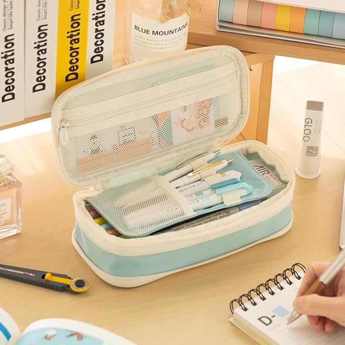 EASTHILL Big Capacity Pencil Case Large Pencil Pouch Stationery Pen Bag for Teen Girls-Blue