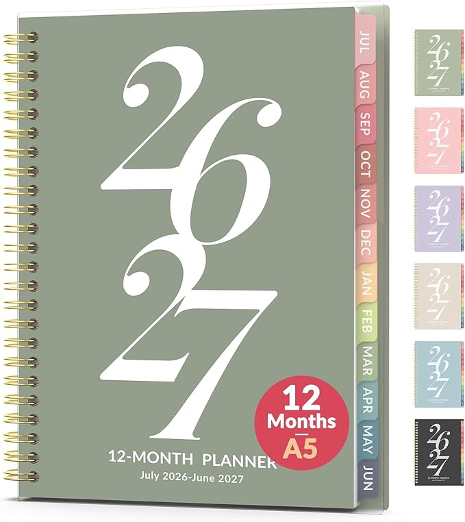 Forvencer Planner 2026-2027, July 2026 - June 2027, 6.3" x 8.4" Academic Planner Monthly and Weekly Calendar Planner with Spiral Bound, Month Tabs, Flexible Cover for School Office (A5, Green)