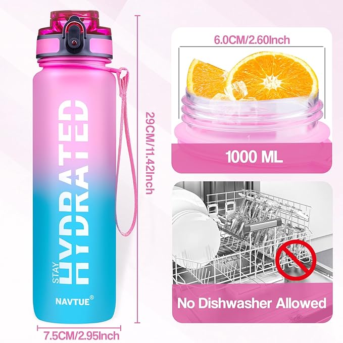 Water Bottle, 32 oz Sports Water Bottles with Time Marker Wide Mouth, Motivational and Leakproof Drink Bottle, BPA Free Tritan with Carry Strap for Gym Fitness Outdoor(1 Bottle)