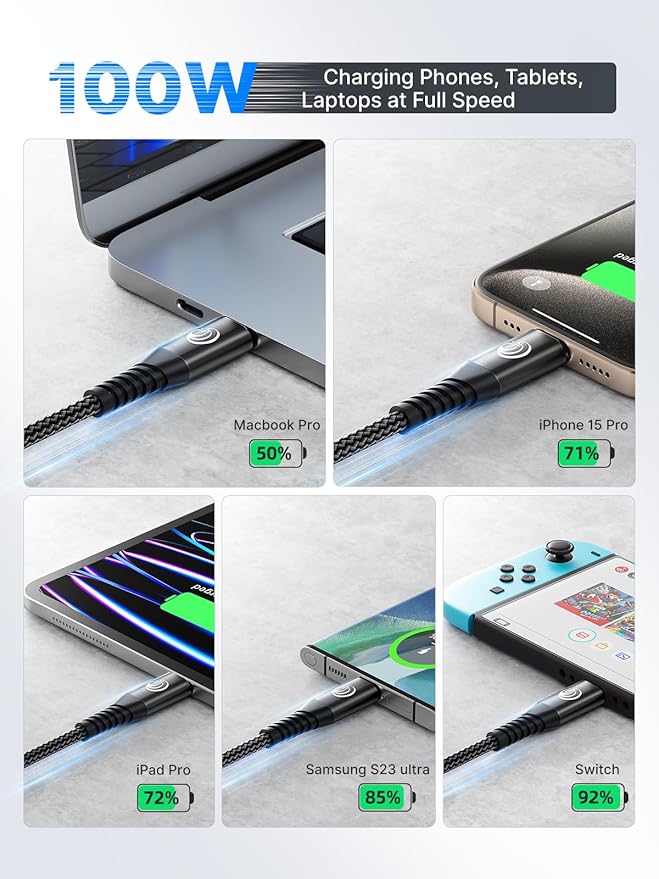 USBC to USBC 100W [10ft/2 Pack] USB C to USB C Fast Charging Cable Braided C to C Charger Cord 5A for MacBook Pro/Air, iPhone 16 15 Pro Max Plus,iPad Pro,Samsung Galaxy S24 Ultra S23,Pixel,PS5,Switch