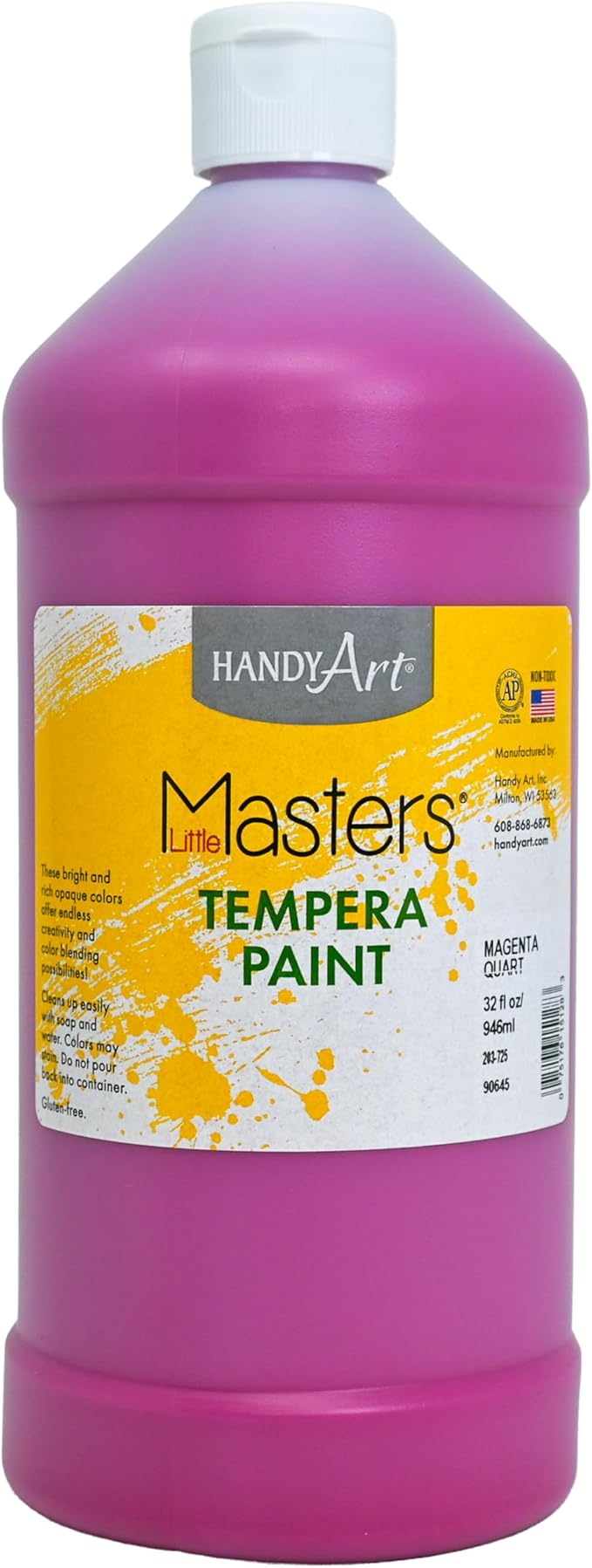 Handy Art Little Masters Tempera Paint, Magenta, 32 oz Bottle, Bright & Mixable, High Opacity, Washable Colors for Classroom, Students, Kids, Young Artists, Safe & Non-Toxic, Made in USA