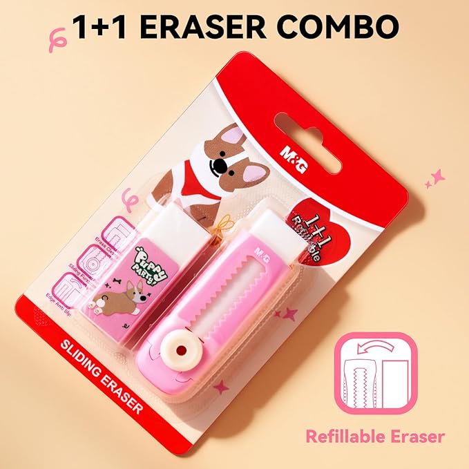 M&G 1+1 Pack Pink Sliding Retractable Cute Eraser Set, Refillable Soft Large Rubber Eraser with Sleeve for Kids Students School Office Supplies