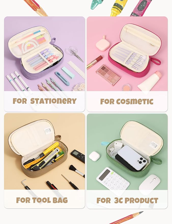 SUNEE Cute Pencil Case, Large Pencil Pouch, Soft Corduroy Fabric Big Pencil Bag with Zipper, Kawaii Pen Bag Stationery Storage and Organizer, School Supplies for Teen, Student, Boys, Girls, Khaki