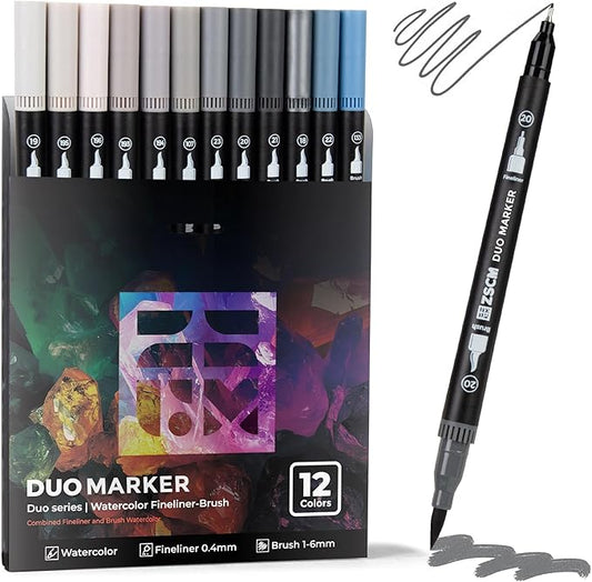 ZSCM Gray Duo Tip Marker Pens, 12 Pack Fine & Brush Markers for Adult Coloring Books No Bleeding, Neutral Gray Markers for Shading, Urban Sketches, Architectural Drawings and Realistic Textures