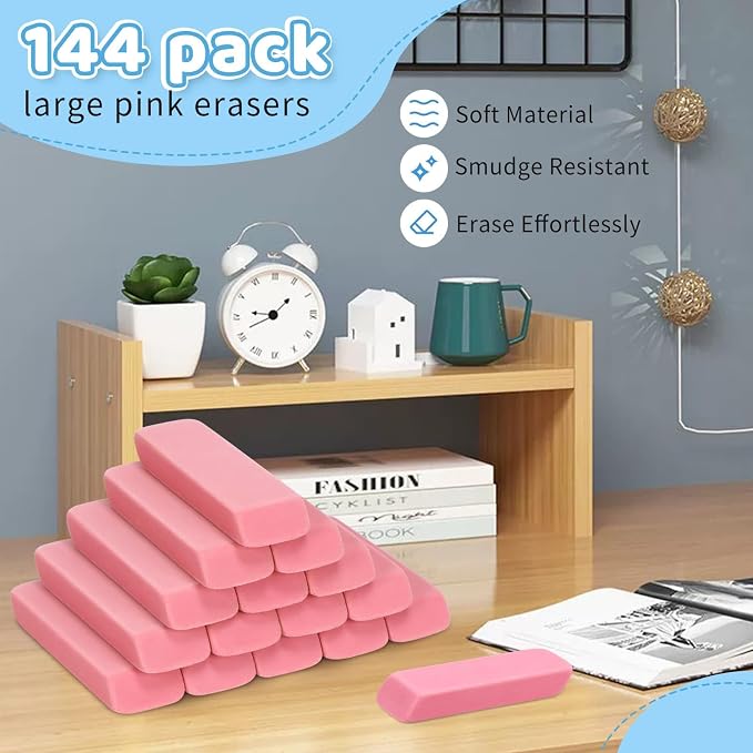 PRALB 144 Pack Pink Erasers, Bulk Erasers for Art, School, and Classroom