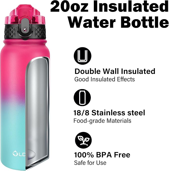 Oldley Insulated Water Bottle 20oz Water Bottles with Straw, Stainless Steel Water Bottle with 3 Lids, Double Wall Vacuum Bottels for Adults School Kids,Leak-Proof Sport Bottles, Rose Red-Green
