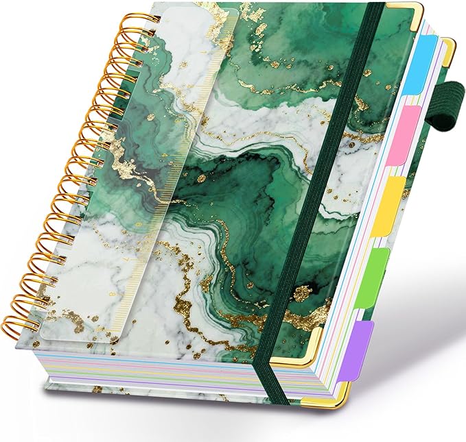 Spiral Journal Notebooks for Work, 300 Pages 5 Subject Notebook College Ruled with Dividers & Tabs, 8''x 10'' Large Notebook Journal for Women Students Note-Taking and Organizer (Teal Luxe Marble)