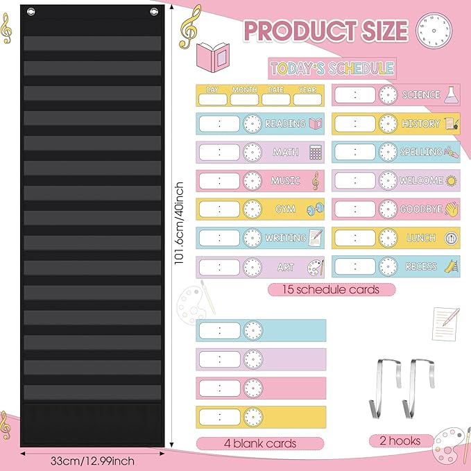 Pasimy Daily Schedule Pocket Chart for Classroom 15+1 Pockets with 31 Double Sided Reusable Cards 2 Magnetic Erasable Pens & Hangers Visual Schedule Chart School Office Home Decor(Black,Pastel)