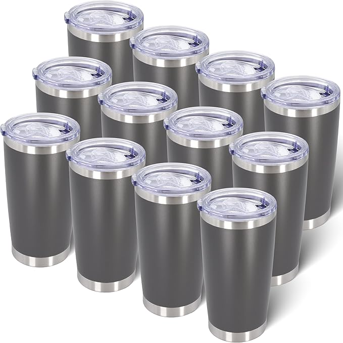 AIANJI 20oz Tumbler Bulk Stainless Steel Tumblers with Lid Vacuum Insulated Double Wall Travel Coffee Mug Powder Coated Tumbler Cup for Hot and Cold Drinks(Grey, 12 pack)