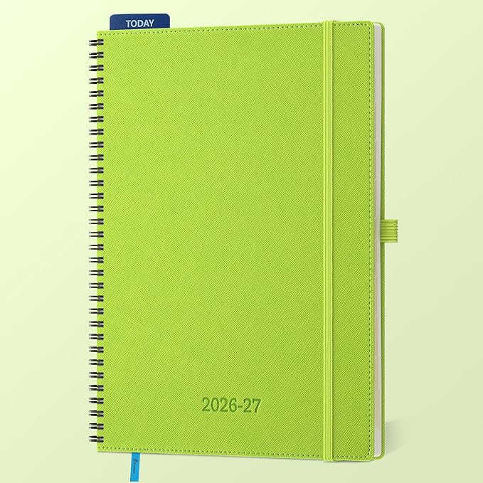 Planner 2026-2027 Daily Weekly and Monthly,11.5"x8.5",18 Months Spiral Bound Calendar Agenda with Self-adhesive Pen Holder,2026 Academic Plan with Vegan Leather Soft Cover,Wasabi Green