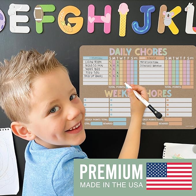 Hadley Designs Magnetic Chore Chart for Kids Multiple - Chores Board for Refrigerator, Dry Erase Task Chart for 2 Kids Daily Behavior, Family Weekly Planner for Teens and Adults, Kraft Chore Board